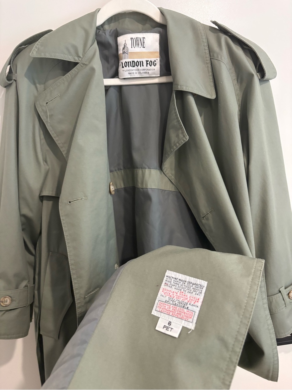 VNTG London Fog Olive Belted Double-Breasted Trench Coat Classic Capsule Minimal - Picture 5 of 14